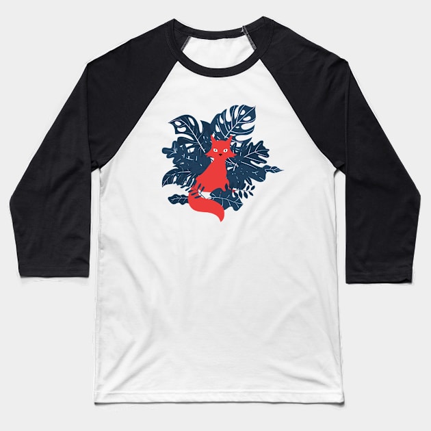 A Red Fox Exploring Amid Blue Leaves Baseball T-Shirt by zorrorojo